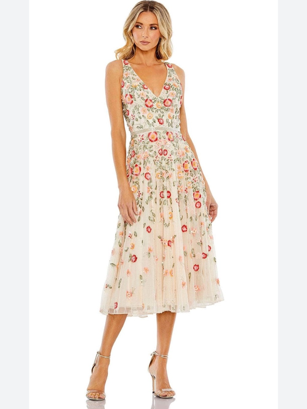 Mac Duggal V-Neck Sleeveless Midi Floral Beaded Sequin Cocktail Dress